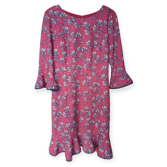 Nanette Lepore Berry Red Flounce Sheath Dress 3/4 Slv Flutter Floral Office M 10 - Picture 3 of 6